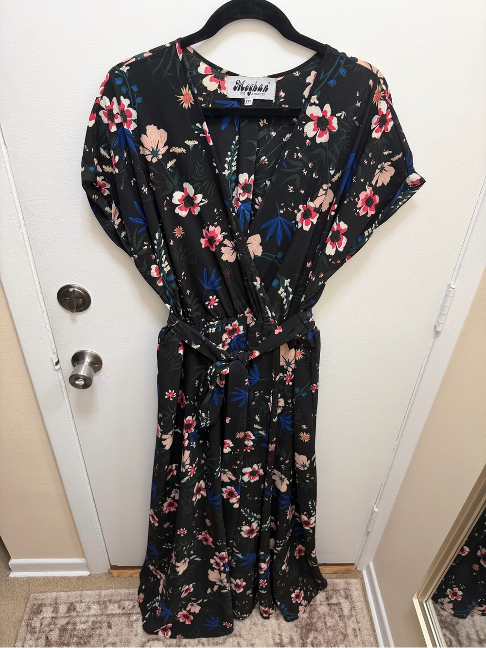 Meghan LA Black Floral Wrap Dress with Pink and Blue Blooms